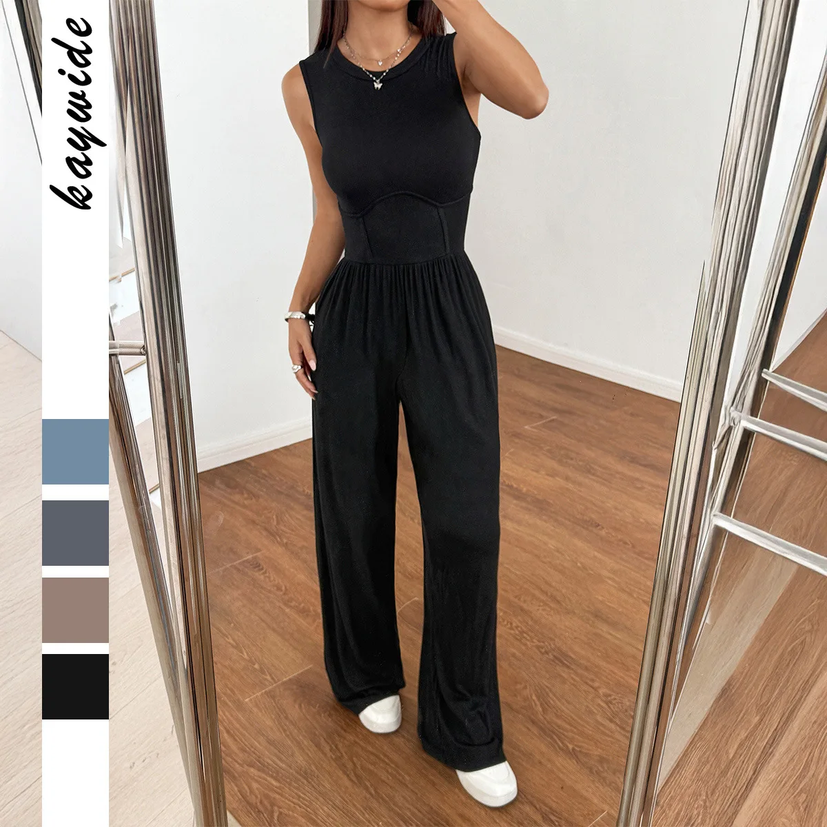 Diyun Vaion بدلة نسائية غير رسمية واسعة الساق لصيف 2025 بخصر عالٍ قماش مزيج من الألياف اللدنة المرنة العالية #1