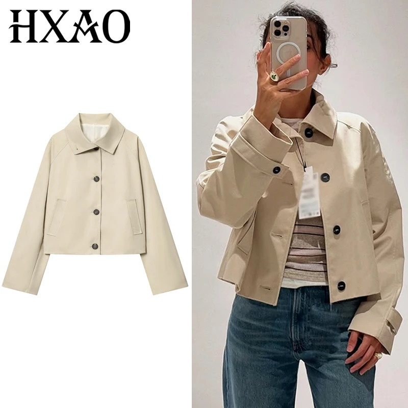 HXAO Waterproof Crop Jacket Women's Jacket Autumn 2025 Casual Beige Short Windbreaker Long Sleeve Outerwears Button Trench Coat