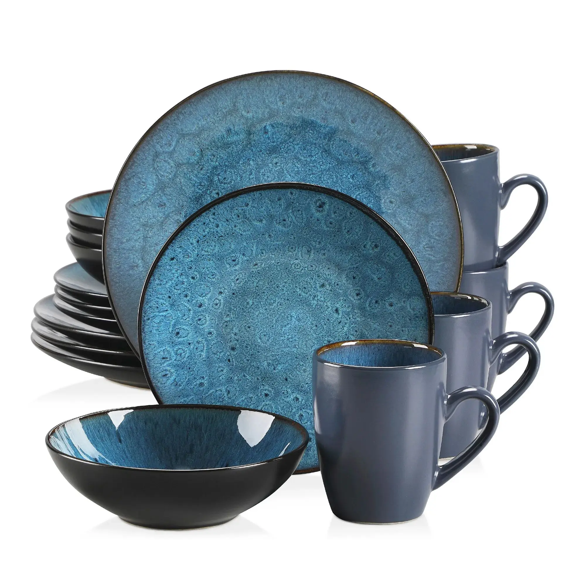 VANCASSO BUBBLE 16/32-teiliges Geschirrset Vintage Keramik Blau/Braun Steinzeug Set mit Dinner- und Dessertteller, Schüssel, Kaffeetassen