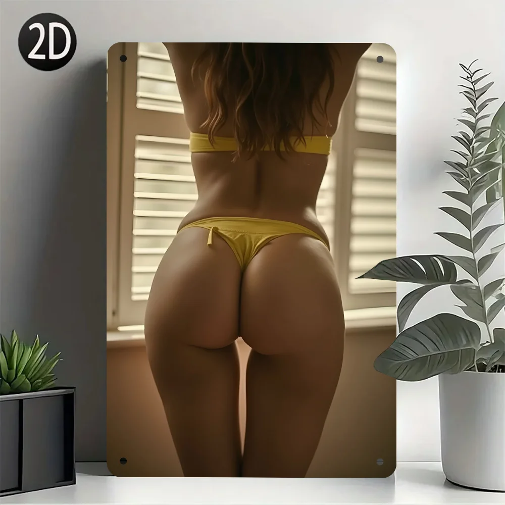 Retro Iron Wall Art - Sexy Bikini Beauty in Yellow, Decorative Metal Sign for Man Caves, Bars, Garages Easy to Hang