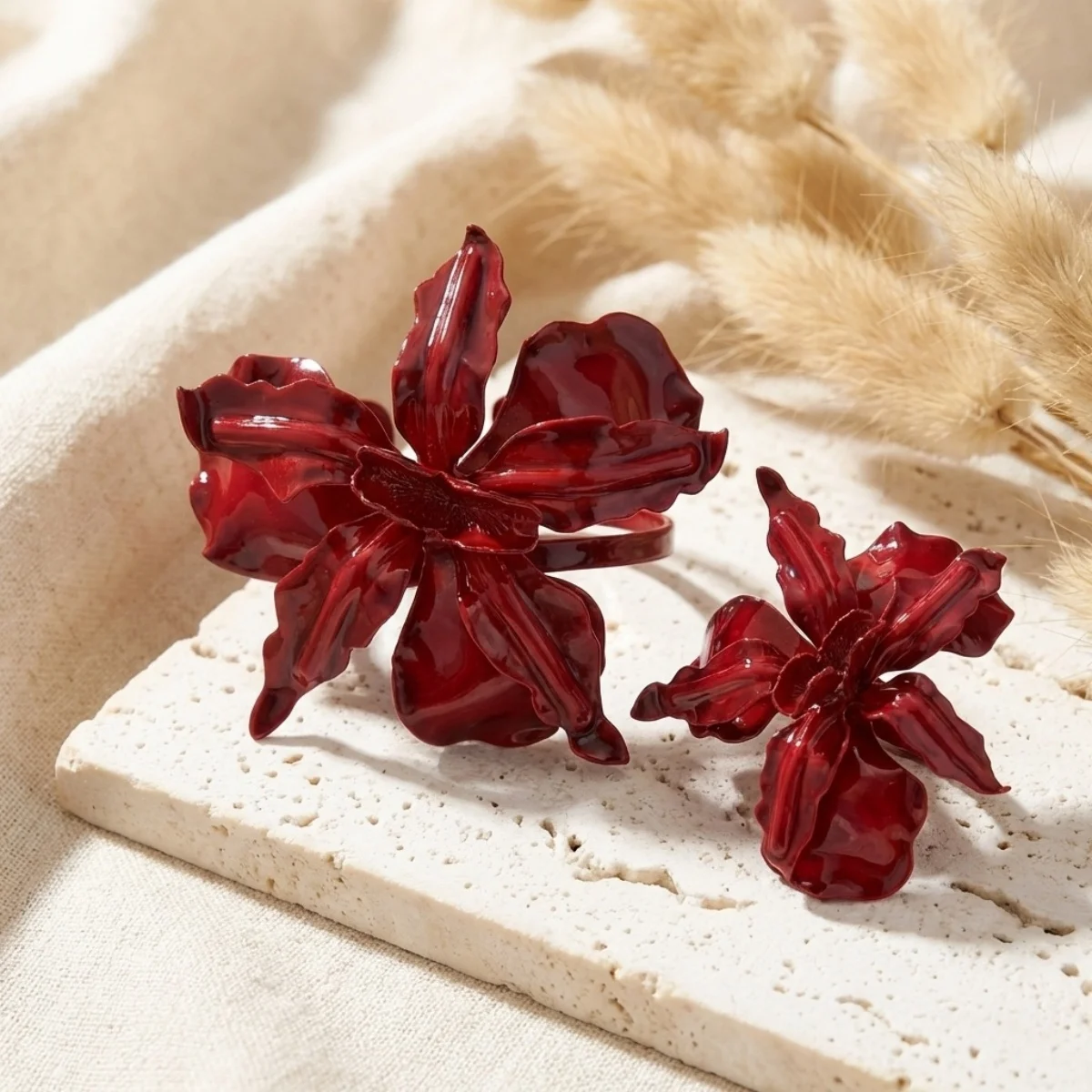 Übertrieben rotes, unregelmäßiges Blütenblatt-Armband-Ring-Set für Damen und Herren, Vintage, elegant, floral, modisch, Sommer-Schmuckset – Detail 21