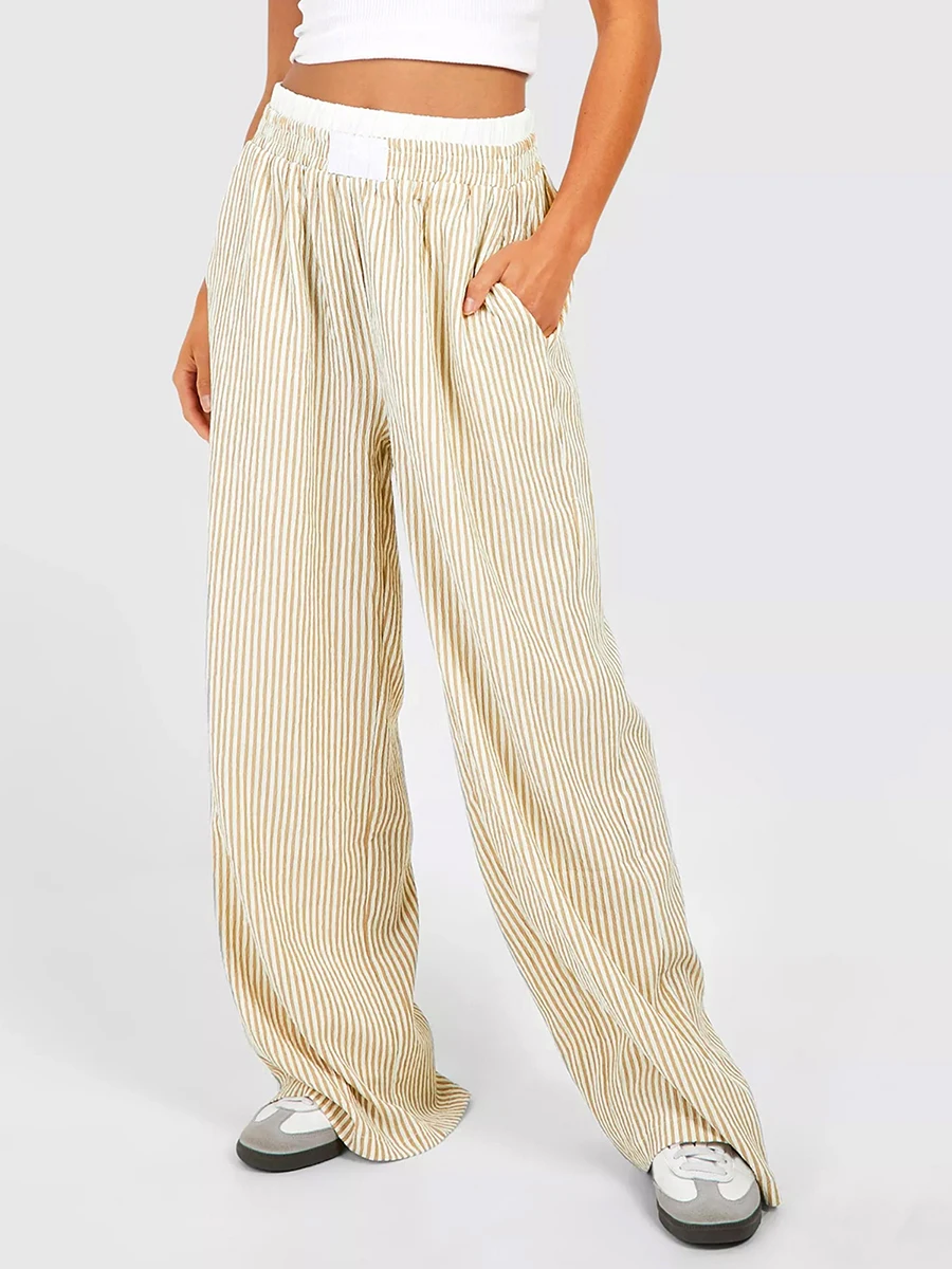 Y2K Striped Wide Leg Lounge Pants Women Pinstripe Loose Fit High Waist Pajama Bottoms Gingham Going Out Pants Streetwear