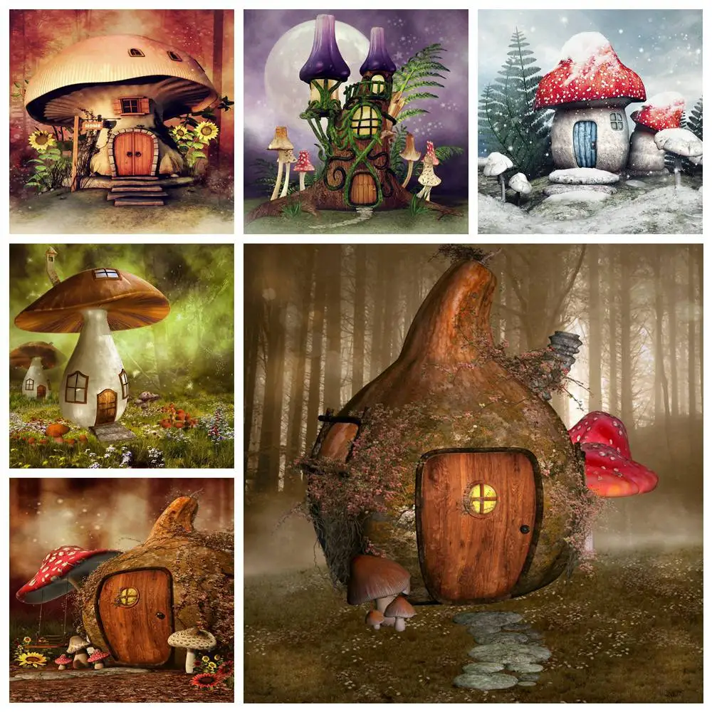 

Mushroom Birthday Backdrop Photography Decoration Children Fairy Forest Magic Pumpkin Cabin Hut Flowers Party Photo Background