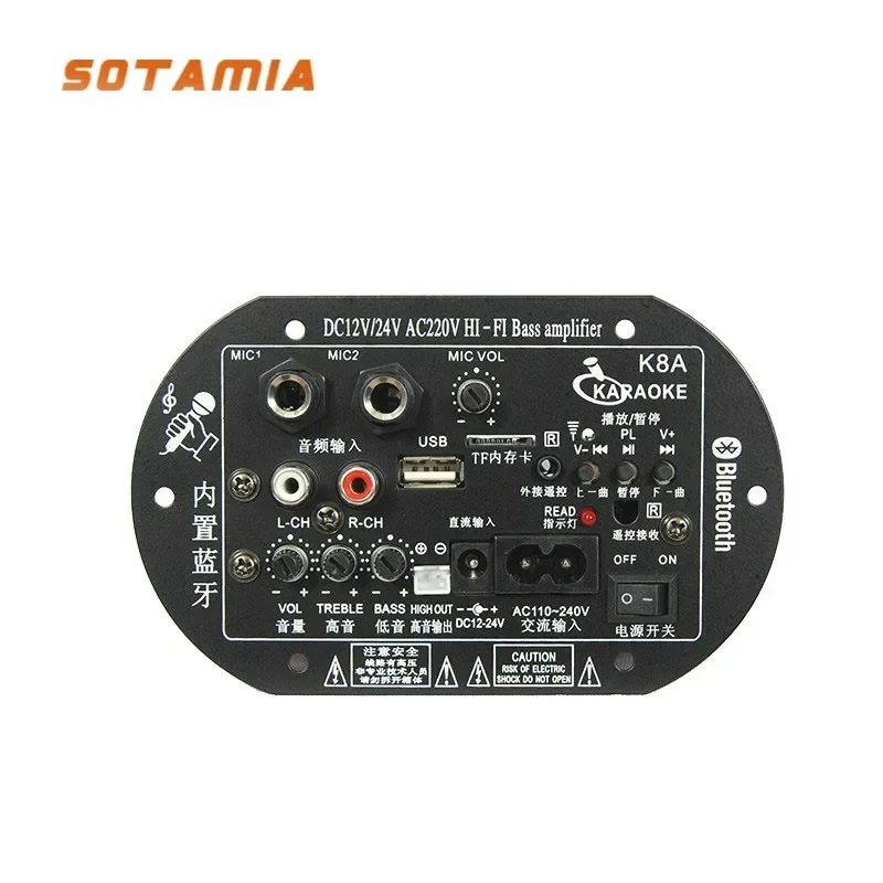 

SOTAMIA Subwoofer Amplifier Audio Board Dual Microphone K Song Bluetooth Amplifier 30-150W For 6-10 Inch Speaker 220V 12V 24V