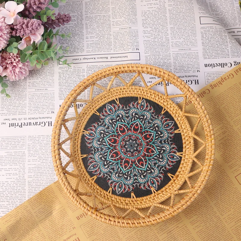 

Customized Handmade Rattan Weave Fruit Basket Printing Southeast Asian Ethnic Style Retro Binaural Fruit round Hollow Tray Large