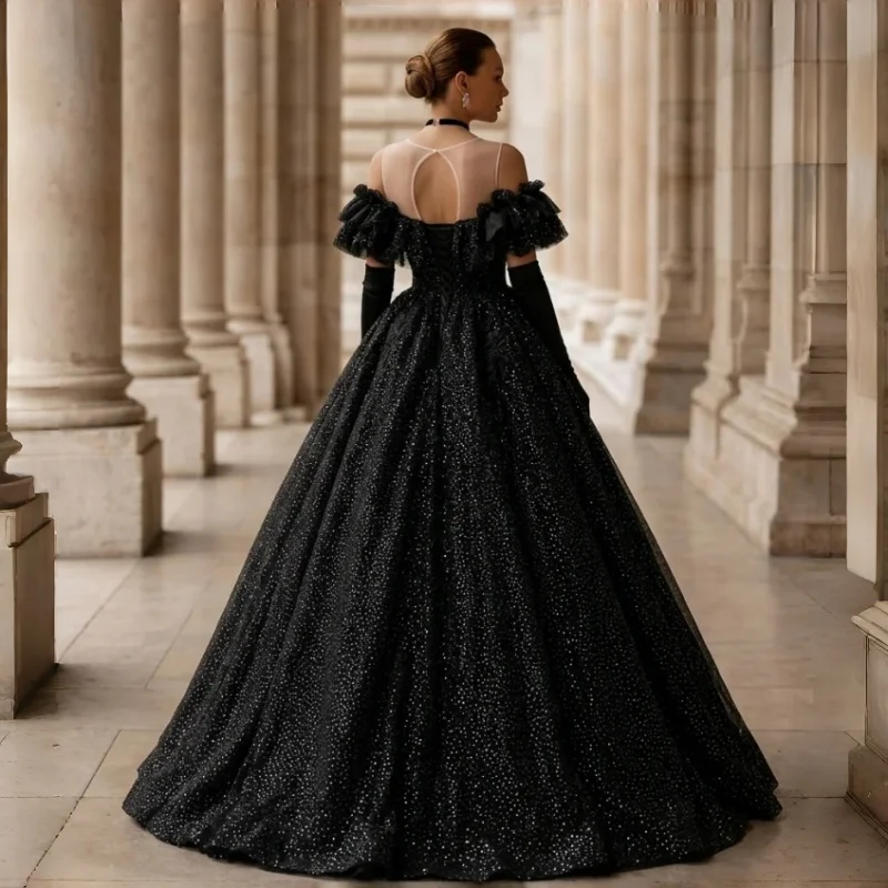 Black Sparkly Off-the-Shoulder Tulle Balloon-Sleeve Evening Gown Wedding Dress Lace Appliqué Customizable