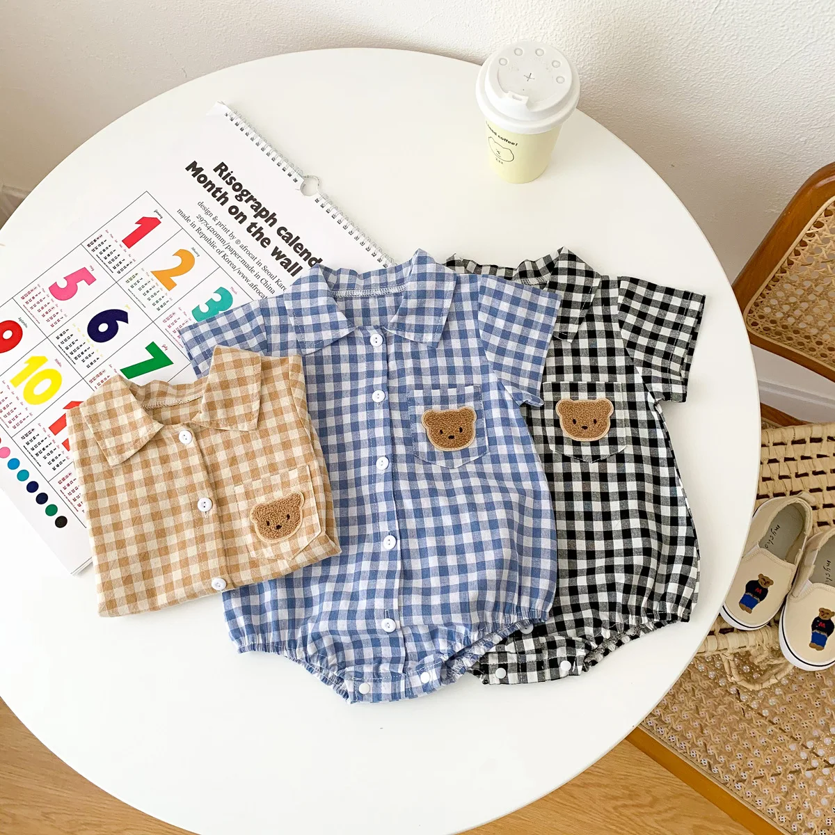 Summer Boys and Gentlemen Shirt Collar onesie Baby plaid bear thin fart coat