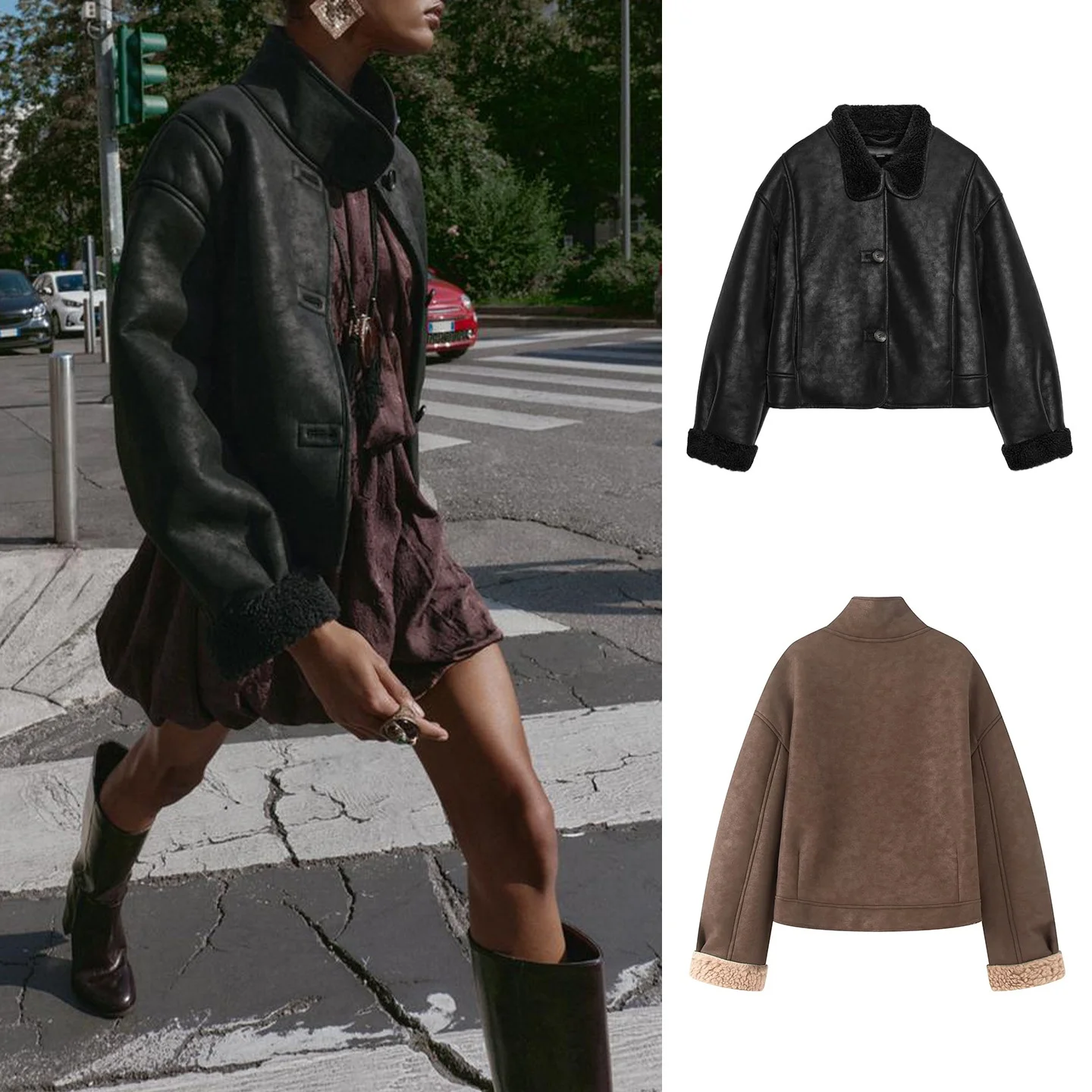 

Double-Sided Lamb Fur Fce Patchwork Suede Jaet Women's Casual Loose Fit ort Coat Casual Sle Long Sve Button Closure