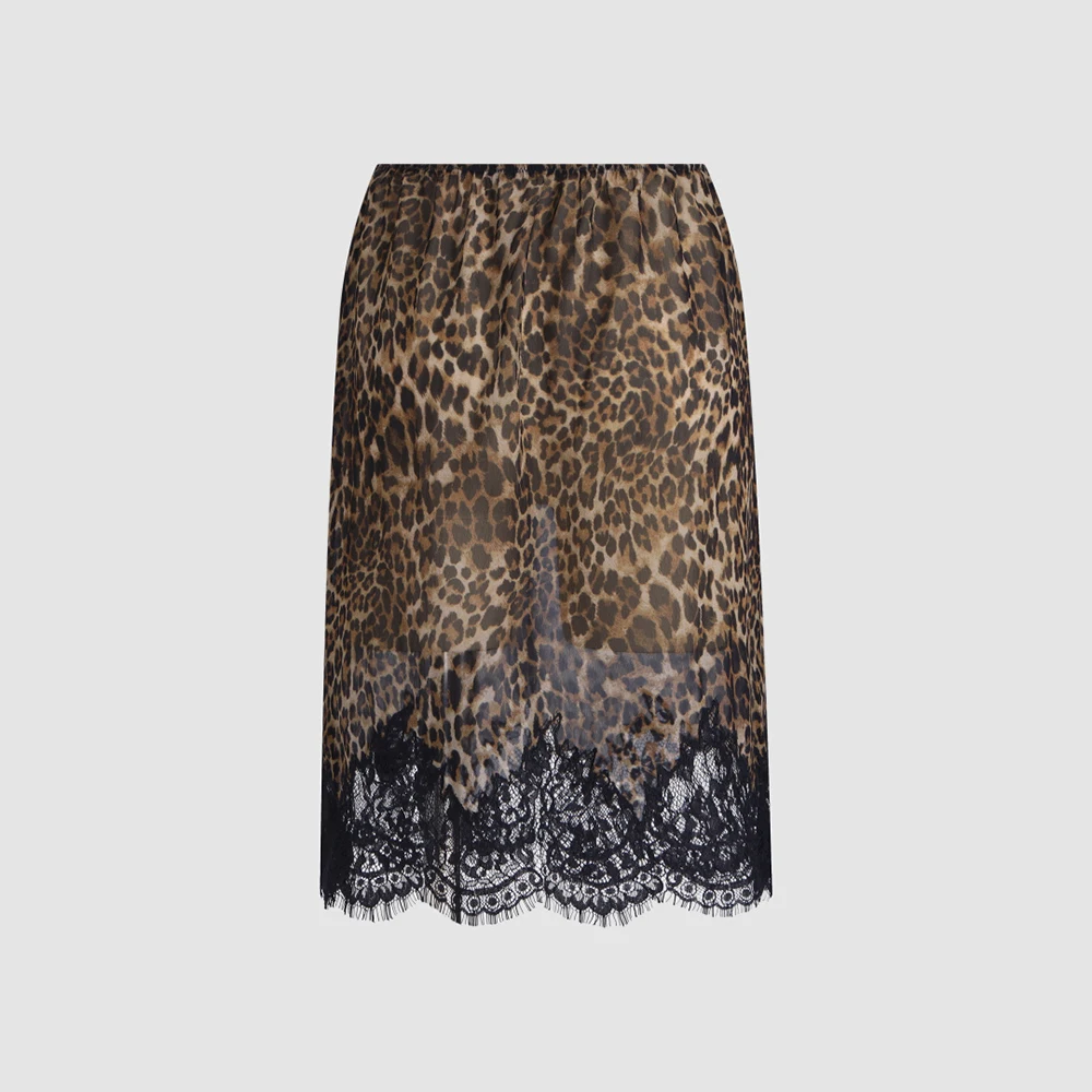 Ladies Leopard Print Midi Skirt Elastic Waist Lace Trim Hem See‑Through A‑Line Skirt Retro Y2K Party Club Street Skirt For Women