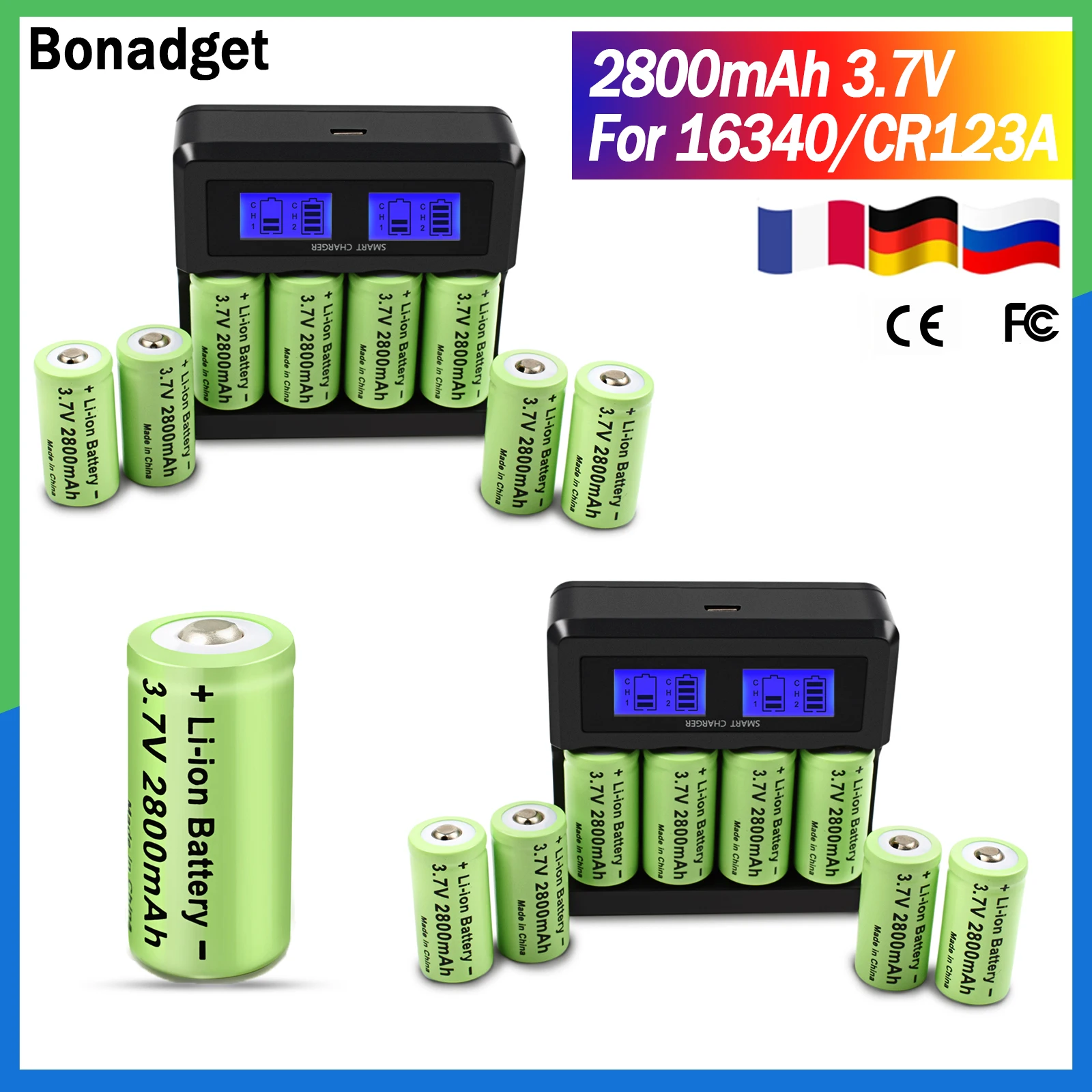 Bonadget 3.7V 2800mAh Li-ion For 16340 Battery CR123A Rechargeable Batteries CR123 for LED Flashlight Cell,Security Camera