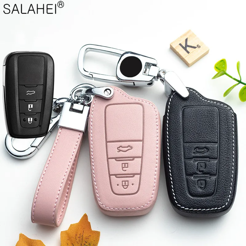 Leather Car Key Case Full Cover Shell Fob For Toyota Prius Camry Corolla CHR C-HR RAV4 Land Cruiser Prado Keychain Accessories