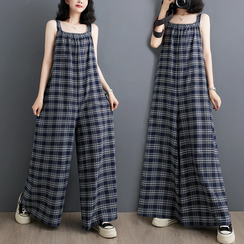 

Утягивающий тонкий хлопковый льняной клетчатый комбинезон, длинные широкие брюки, свободная летняя юбка миди для поездок на работу, брюки с высокой талией