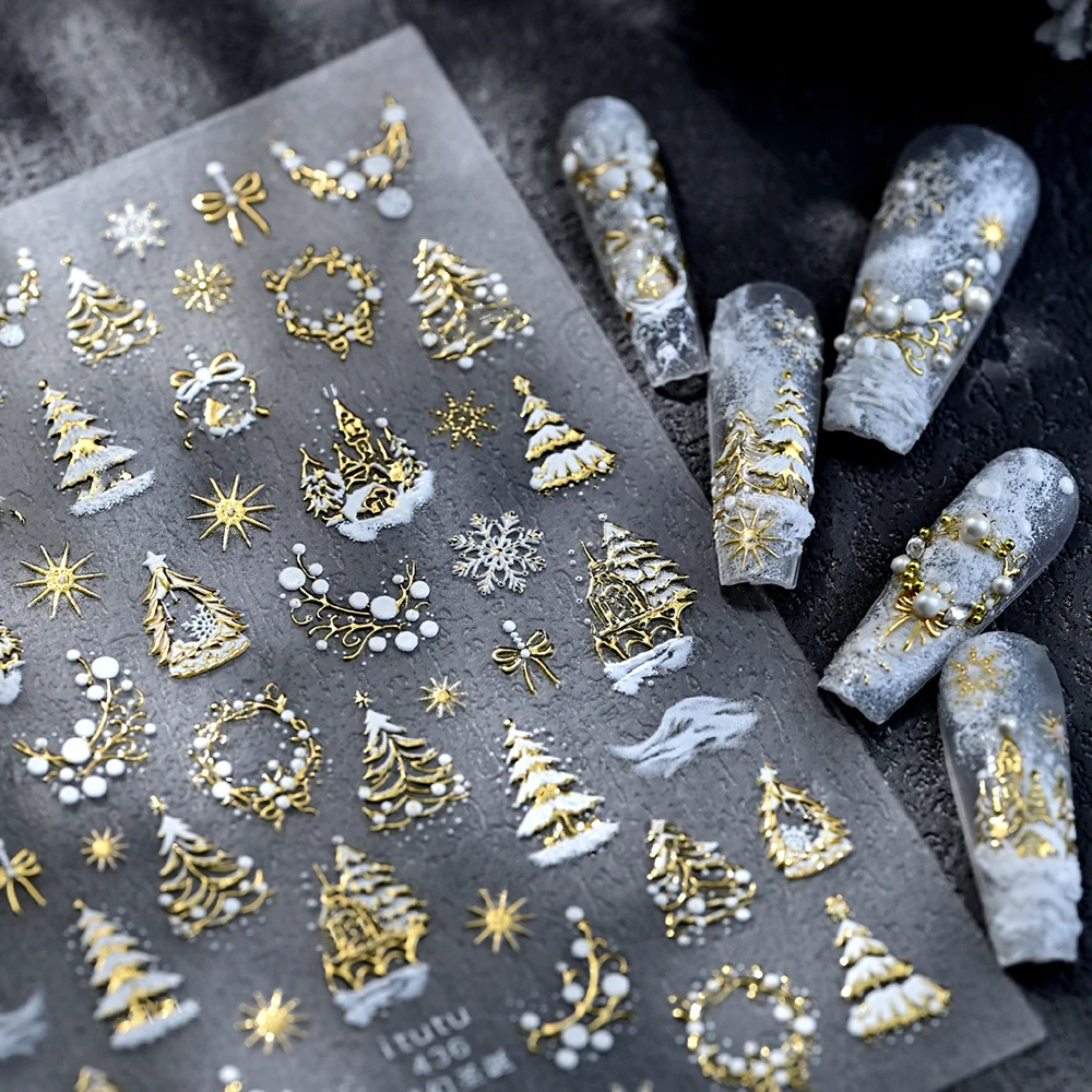 1pc 5D Gold Snow Christmas Tree Wreath Nail Art Stickers Bow Crystal Ball Pendant Winter Nail Decals New Year Xmas Nail Decorati