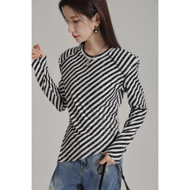 Niche Design Striped T-shirts Women Pullover Slim Fit 2024 Irregular Round Neck Elastic Chic Tops Long Sleeves Tees Tshirts Blue