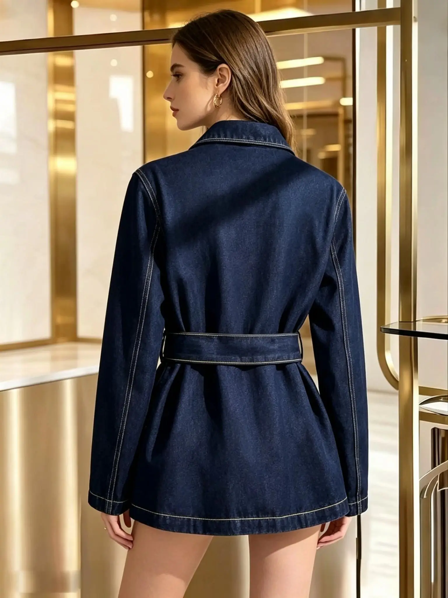 Women's Dark Blue Denim Jacket Featuring a Suit-Style Lapel, Waist-Cinching Tie Belt, and Multiple Pockets