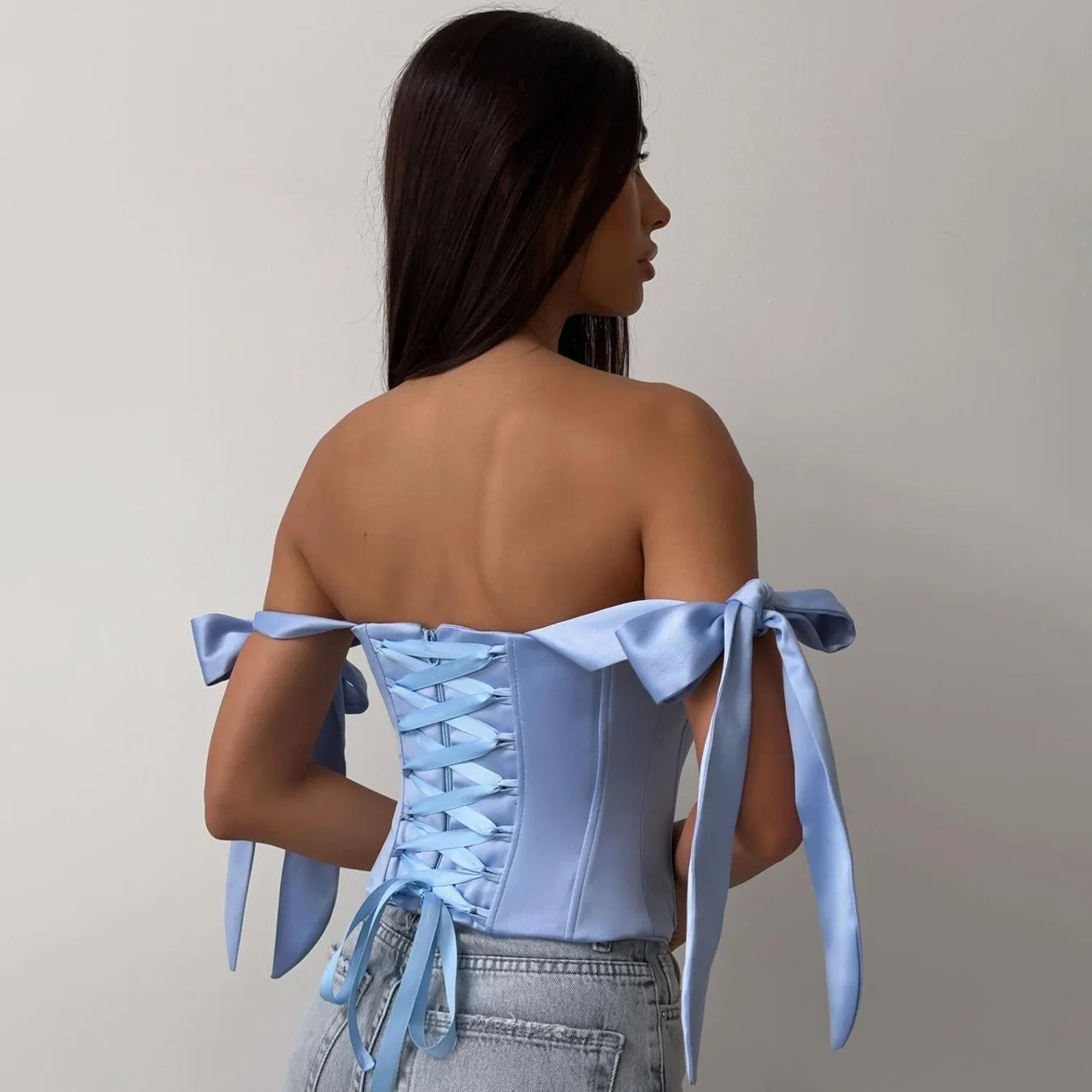 

Hot Women Elegant Blue White Corset Black Satin Bustier Sexy Sleeveless Backless Short Top Club Party Outfit Vintage Streetwear