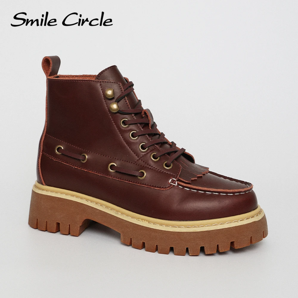 

Smile Circle Women Ankle boots Autumn Genuine leather High-top Shoes for Women Chunky Boots