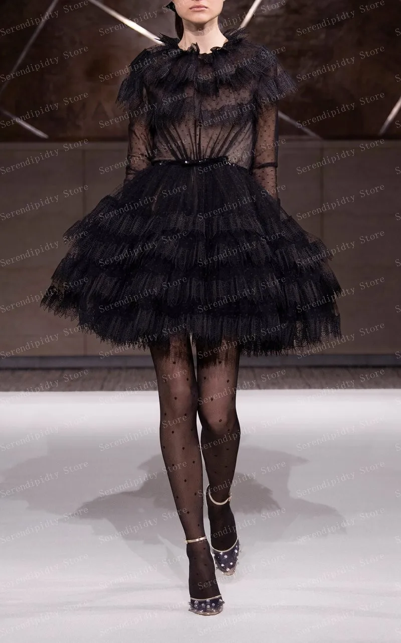 Vestido de festa preto com decote redondo, manga comprida com babados de bolinhas, vestido de baile de tule em camadas, mini vestido de coquetel feminino plus size