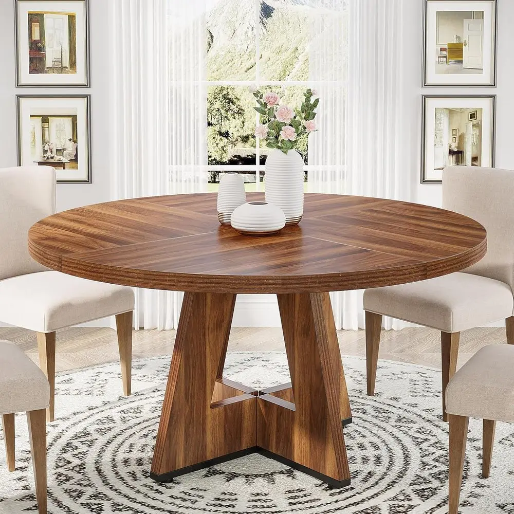 

Rustic 47 Round Wooden Dining Table for 4-6, Brown Accent Furniture with Tabletop and Base