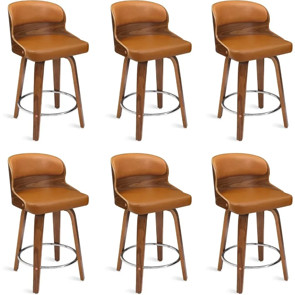 Cadeiras de Bar com Costas Sólidas, Walnut Finish e Assento Giratório, Counter Height Barstool, Conjunto de 6, BrownLMYX, 26 pol