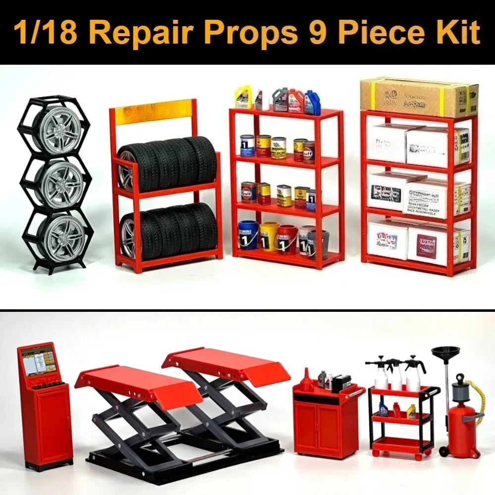 Diorama 1/18 Zestaw do naprawy garażu samochodowego Tuning Warsztat Akcesoria Model wyświetlacza sceny 9 SZTUK