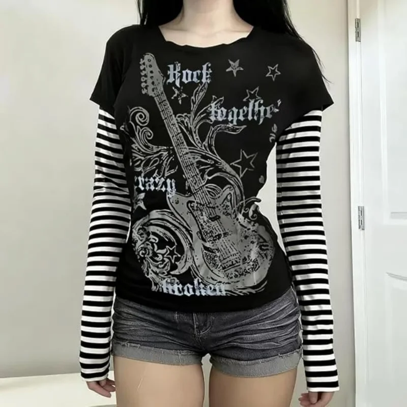 الأمريكية ثقافة فرعية الشرير تي شيرت مطبوع Harajuku مخطط المرقعة بلايز ريترو Y2K القوطية المحملة الهيب هوب هوتي وهمية قطعتين #1