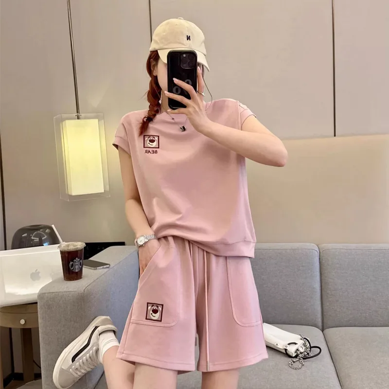 Women Summer Top Shorts Set Casual Short Sleeves T-shirt Drawstring Elastic Waist Loose Suits Casual Tracksuit Ladies 2pcs 2024