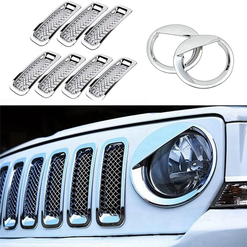 

WF-9Pcs Front Grille Mesh Trim+Head Light Cover Trim Bezels For Jeep Patriot 2011-2017
