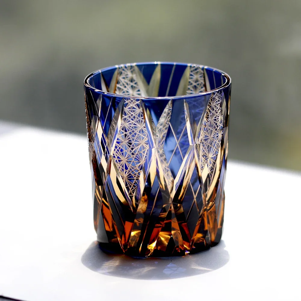 Japanese Edo Kiriko Hand Cut Overlay Colored Crystal Whiskey Glass Geometric Rhombus Star Engraved Old Fashioned Rocks Tumbler