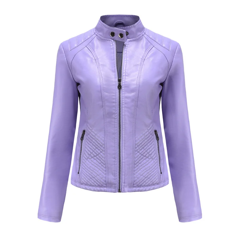 Chaquetas de cuero informales para mujer, Tops de PU, abrigos finos simples, ropa de motocicleta de manga larga, cuello levantado Delgado, Otoño e Invierno