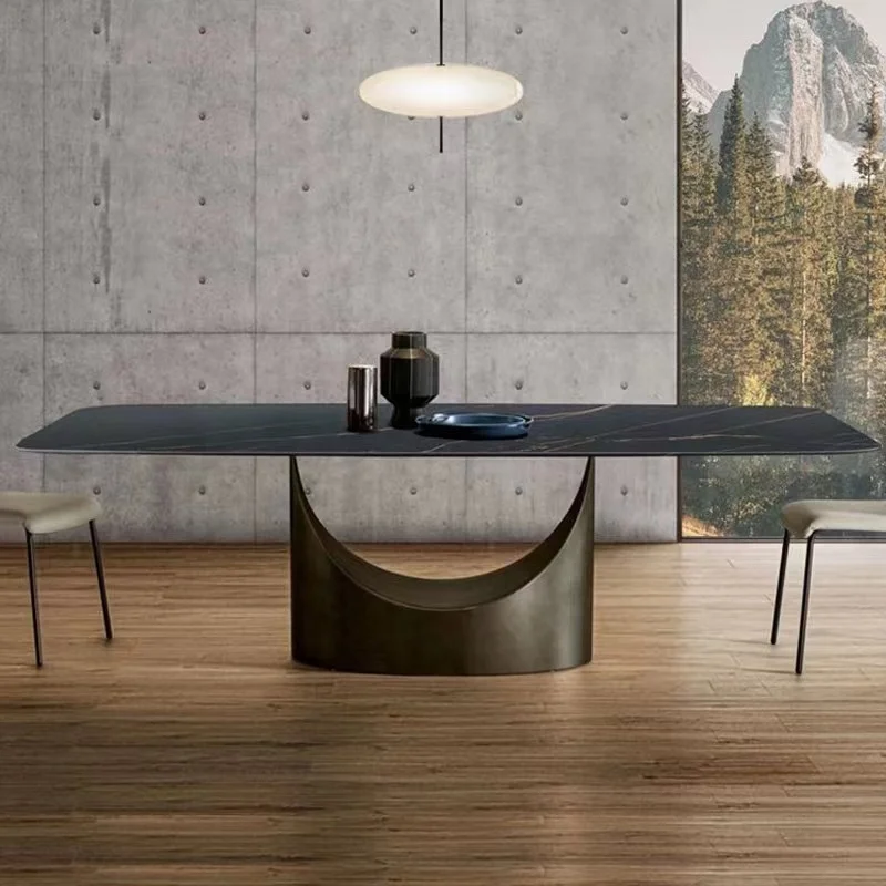 

#v Modern Marble Bronze Stainless Steel Base 1.8 Large Table Customized Black Slate Dining Table