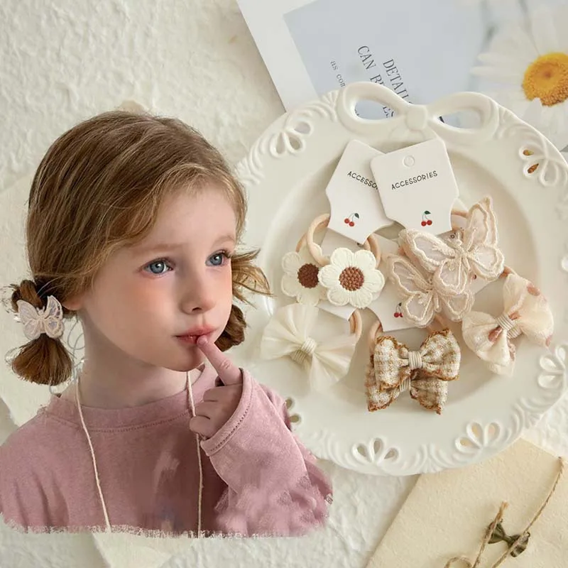 Ensemble de 5 paires de bandes de cheveux élastiques pour enfants, vintage, marron, doux, mignon, bébé, filles, nœud, princesse, UL, enfants, accessoires