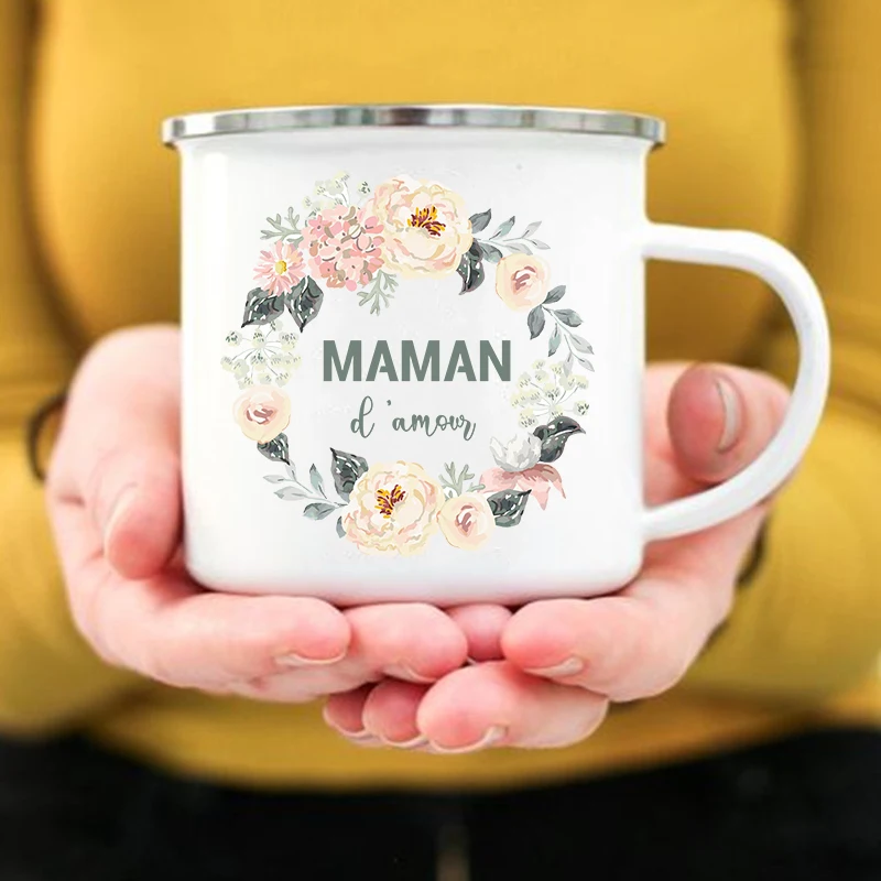 French Flower Maman Printed Mugs Enamel Mug Creative Coffee Cups Drinks Water Milk Cup Home Handle Drinkware Best Mother Gifts