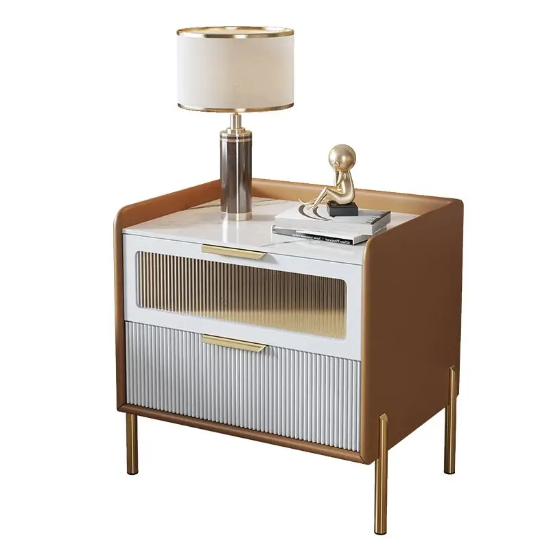 

Modern Simple Design Tempered Glass Bedroom Furniture Sintered Stone Top Wood Bedside Table Nightstand with Drawers
