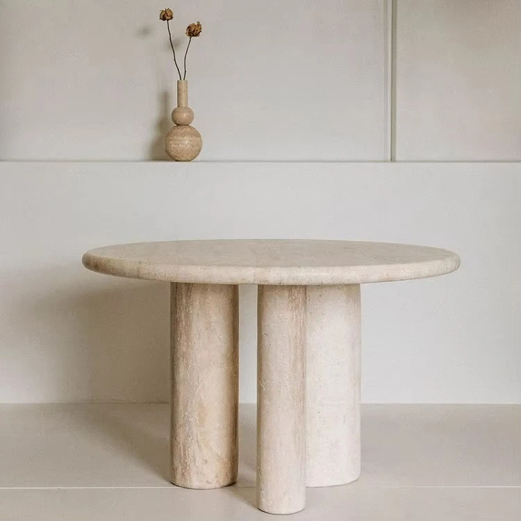 Professional Customized Natural Vintage Beige Travertine Round Dining Table Stone Patio Table with 3 Round Legs