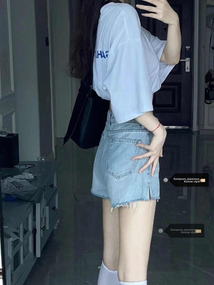 High Waist A-Line Denim Shorts for Women Summer plus Size Washed Hem Side Slit Slimming Trendy Hot Pants Retro Style