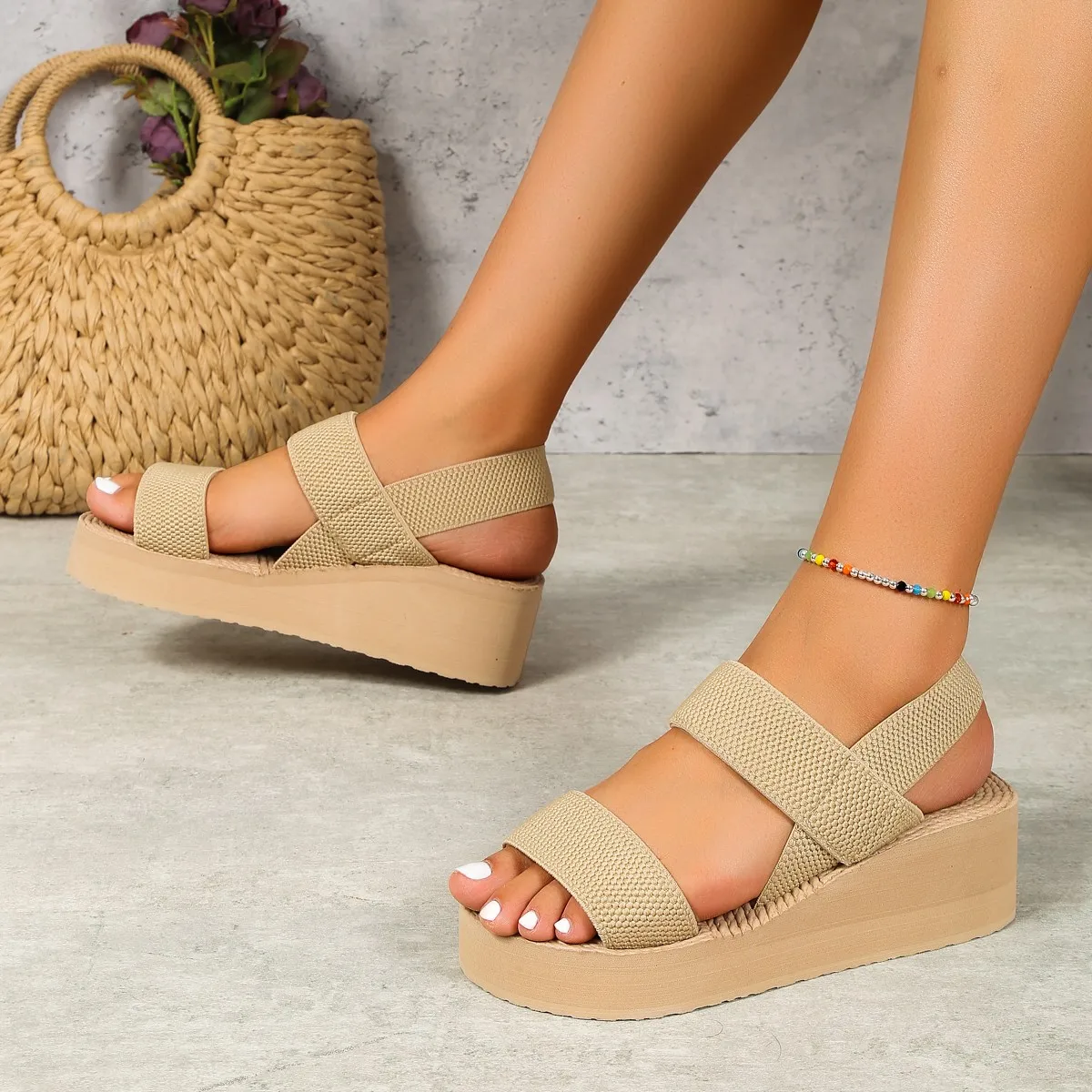 Summer Women's Sandals, Casual and Comfortable Walking Slingback Sandals, Fashionable Beach Wide Wedge Shoes, Platform Flat Elastic Breathable Casual Shoes, Suitable for Going Out, Daily Life, Beach, Vacation