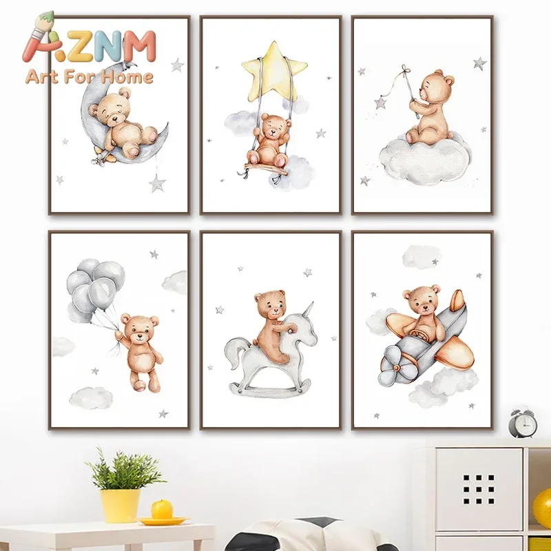 AZNM Watercolor Teddy Bear Canvas Poster Moon Star Cloud Balloon Unicorn Airplane Cute Animal Art Print Baby Boy Nursery Wall De
