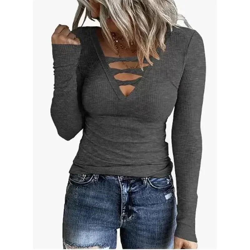 Pop 1005wish Autumn New Women's Long Sleeve Button Up V-Neck T-Shirt Vest Color Cross-Border Cotton Top Fashionable Casual Wear