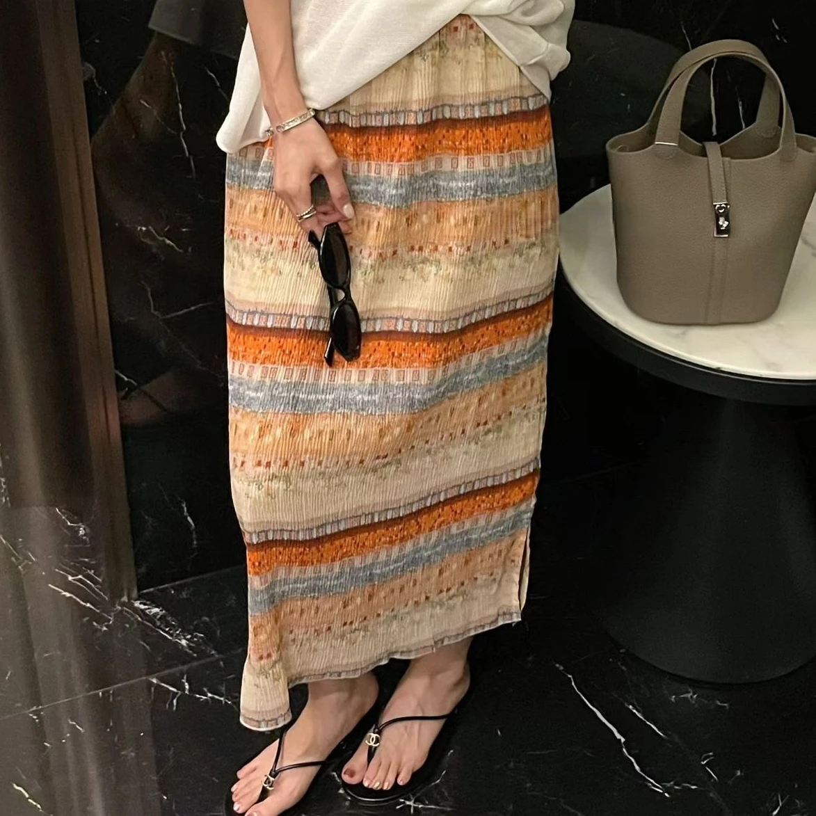 Women's Spring Summer Skirts Fashion Ropa Mujer Rainbow Print Long skirt Elastic High Waist Pleated Beach Vocation Faldas