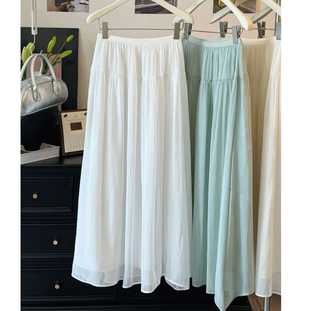 2025 New Arrival Women Summer Mesh Long Skirts Bohemian Style High Waist A-Line Skirts Faldas Femme Streetwear