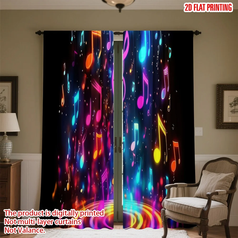 

2D flat printing 2pcs Party Curtains Vibrant Musical Notes Digital Printed Polyester Drapes Seasonal Party & Holiday Decor Use