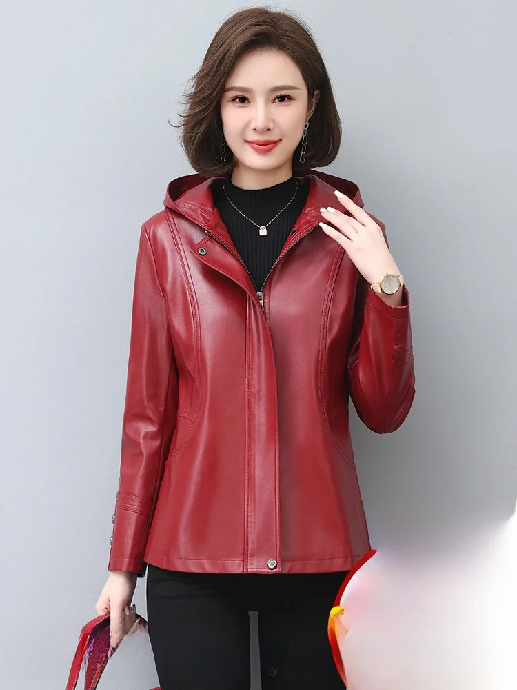 

Кожаная куртка из натуральной овчины для женщин, утепленная, большого размера, весна-осень, на молнии, с капюшоном, приталенная, для мам