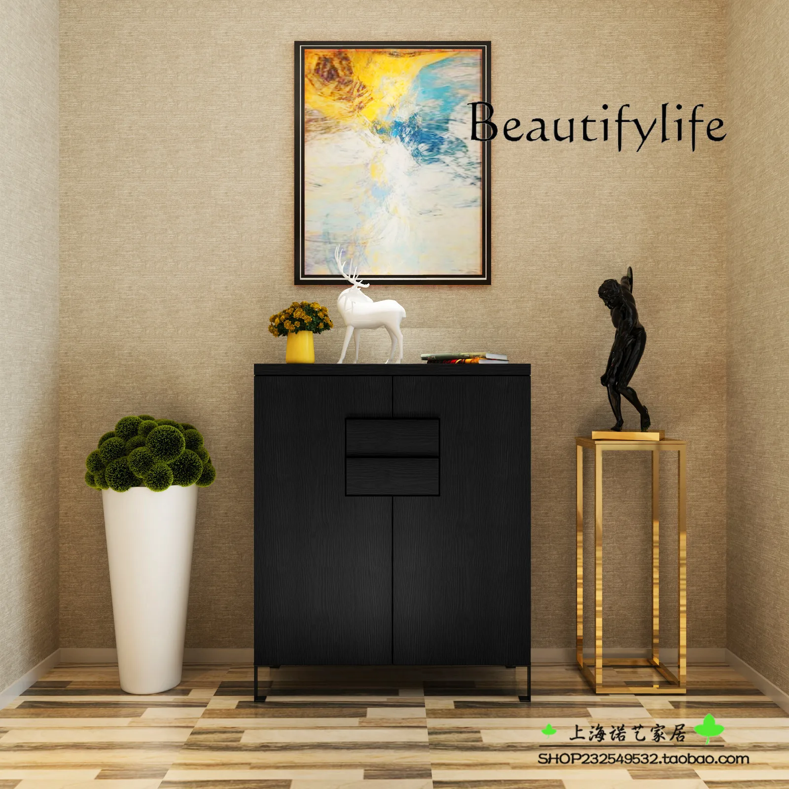 Hall Cabinet Nordic Style Shoe Cabinet Multi-Functional Storage Tipping Bucket Cabinet Black Oak