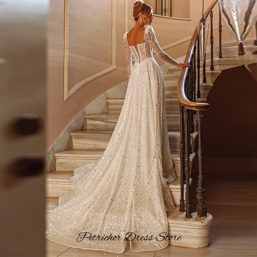Elegant Square Collar Organza Wedding Dress Customized A-Line Long Sleeves Bridal Gowns Delicate Pearls Crystal Vestido De Novia