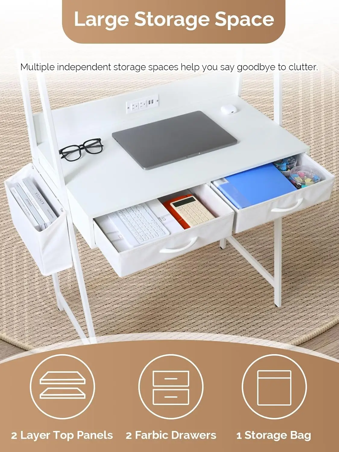 Ladder Desk with Power Outlets & 2 Drawers, Home Office Study Computer Gaming Vanity Table, White, Customized