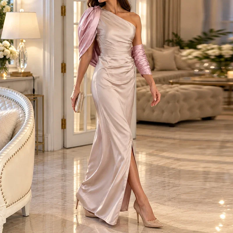 Elegant Split Hight Waist Banquet Dresses Sexy Diagonal Collar Splicing Satin Long Dress Women Fashion Draped Solid Party Dress