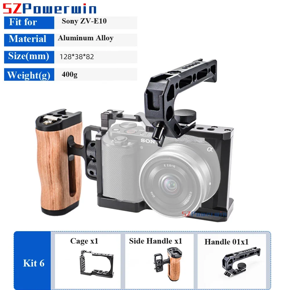 Powerwin For Sony ZV-E10 Camera Cage with wooden Handle Kit Frame Gimbal Aluminum Alloy Arri Locating Screw Protective Rig