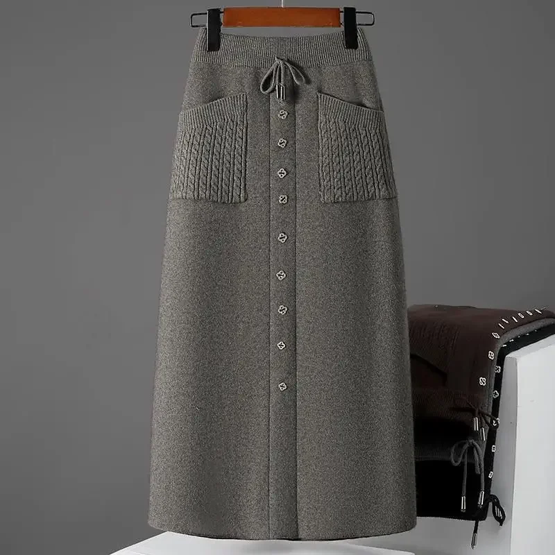 

New Temperament Elastic Wool Skirt High Waist a Line Mid-length Skirt Knitted Skirt Women's Autumn and Winter