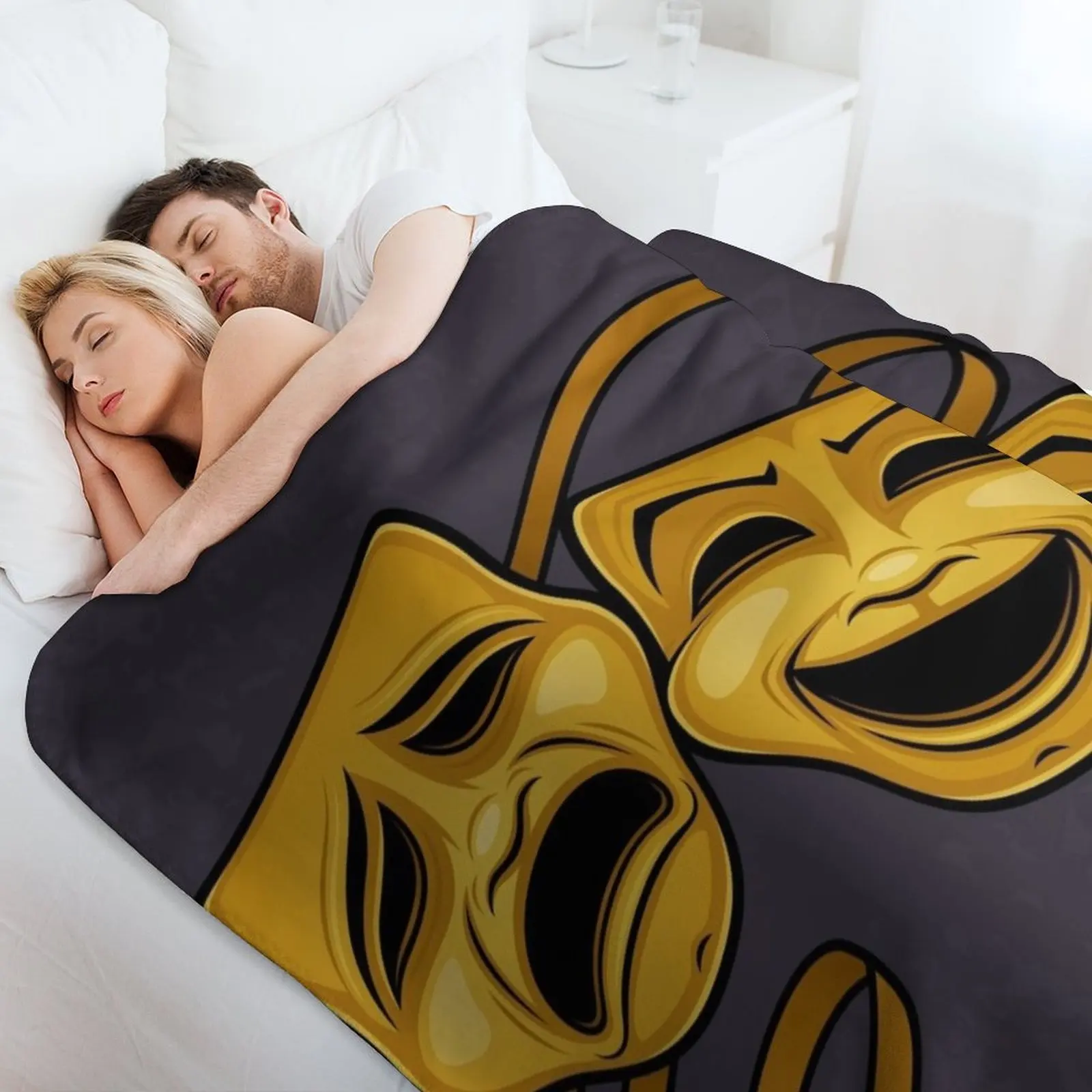 Gold Comedy And Tragedy Theater Masks Throw Blanket Easy Care Comfortable Blanket for Couch view 4